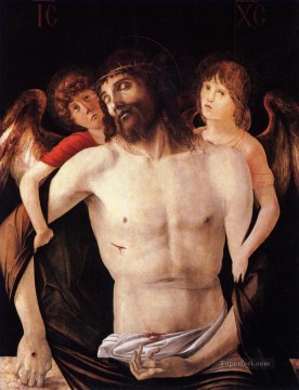 クリスチャン・イエス Painting - 二人の天使に支えられた死んだキリスト 宗教者ジョヴァンニ・ベッリーニ